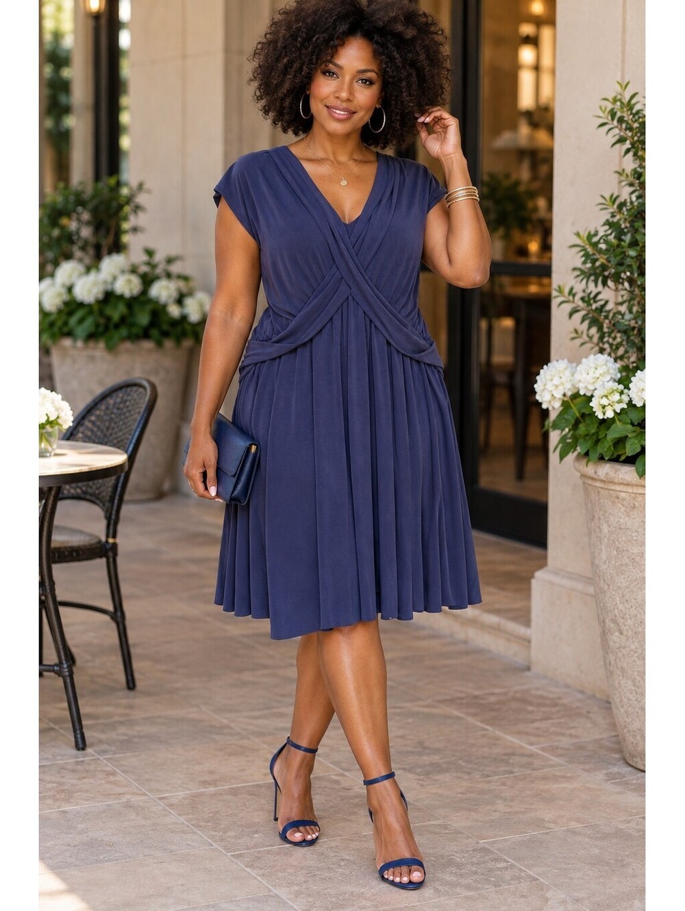 NEW Free People Indigo Blue Cross Front V-Neck Cap Sleeve Flowy Pleated Dress, M